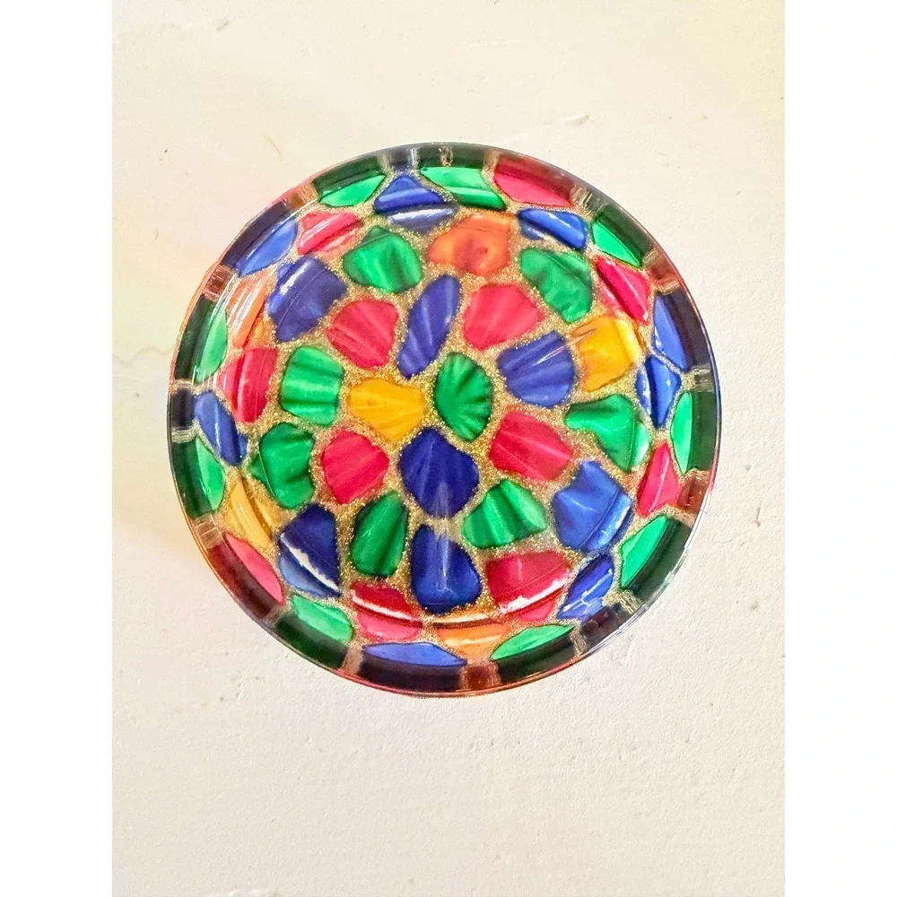 Vtg Style Hand Painted Glass Coaster Trinket Dish Set 4 Shell Mosaic Gold